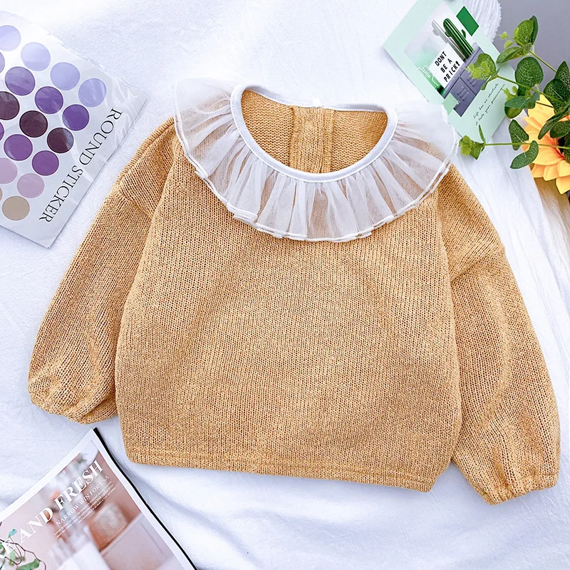 

Осенняя детская одежда Gooporson, модные корейские вязаные топы, тонкий свитер, костюм с кружевным воротником для маленьких девочек, Весенняя де...