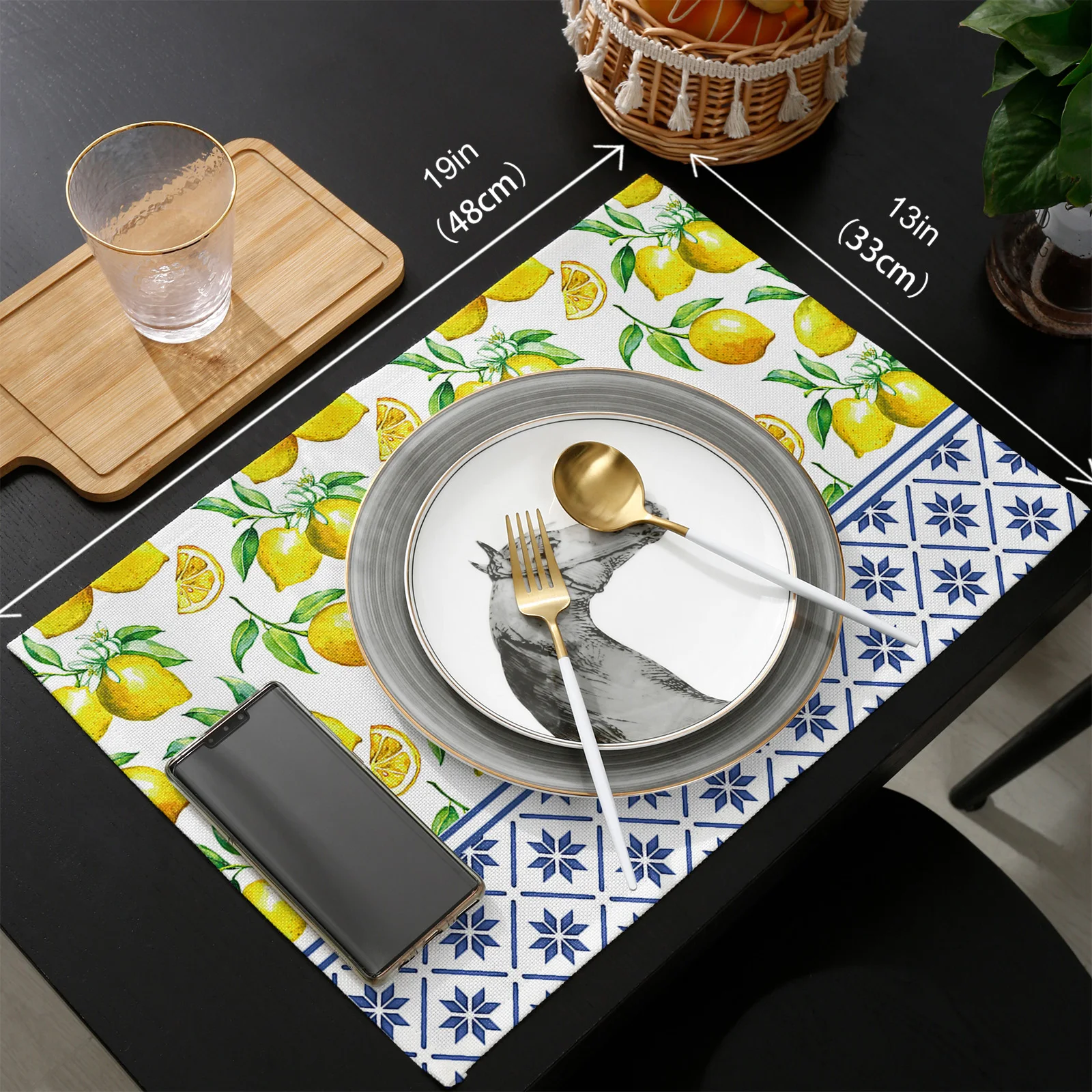 

Summer Lemon Indigo Pattern Table Runner Set Wedding Table Decoration Home Kitchen Dining Table Decor Placemats