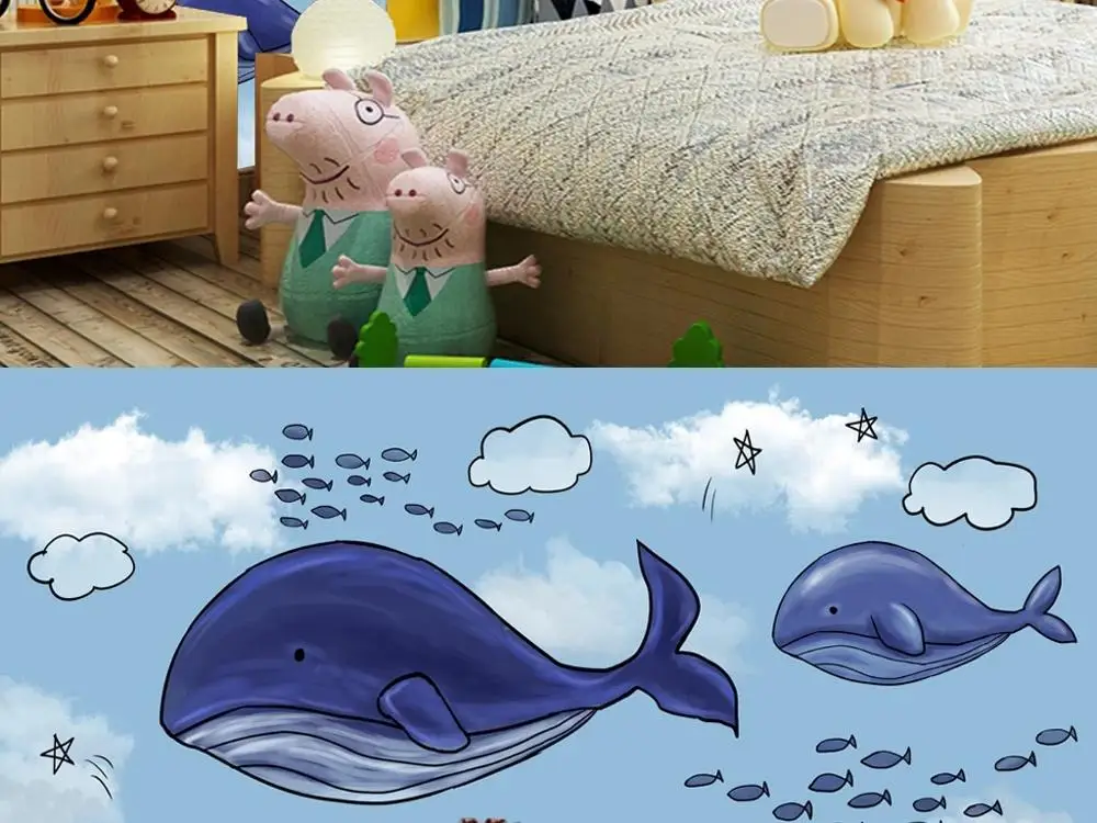 

New Custom 3D Large Mural Wallpaper Original Nordic hand drawn cartoon whale children's room TV Background living Bedroom