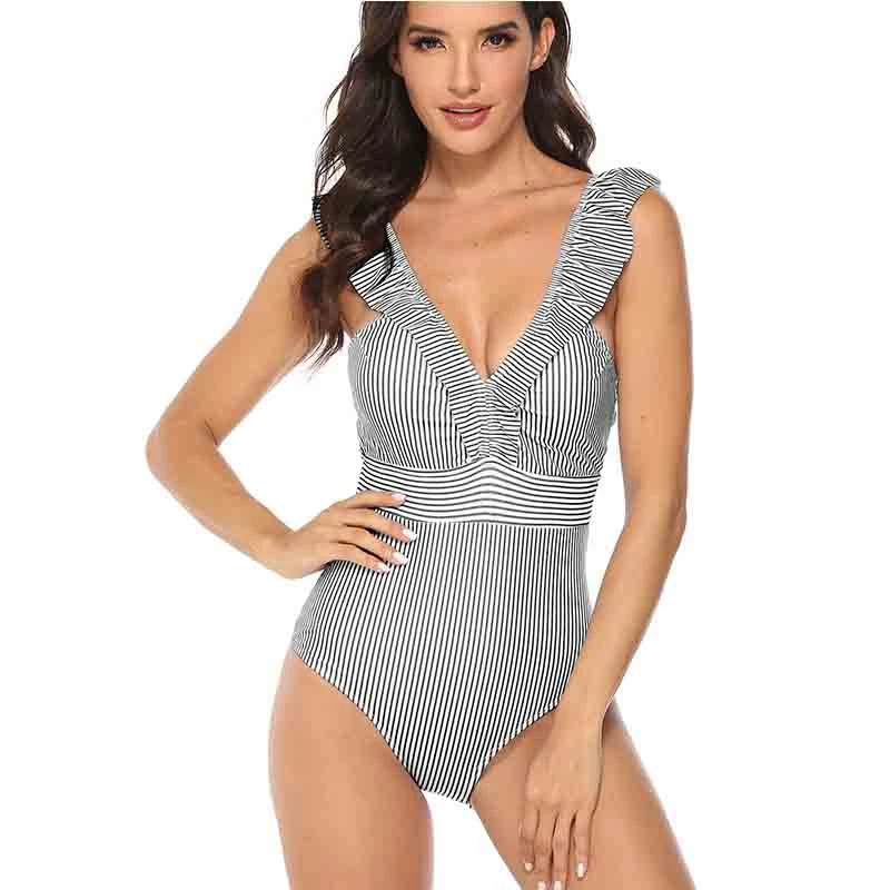 Женский купальник в полоску ZAFUAZ синий купальный костюм стиле ретро с v образным