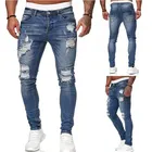 Мужские спортивные штаны сексуальные джинсы с дырками, штаны на каждый день; Сезон лето-осень мужские рваные узкие джинсы узкие байкерские верхняя одежда брюки Харадзюку