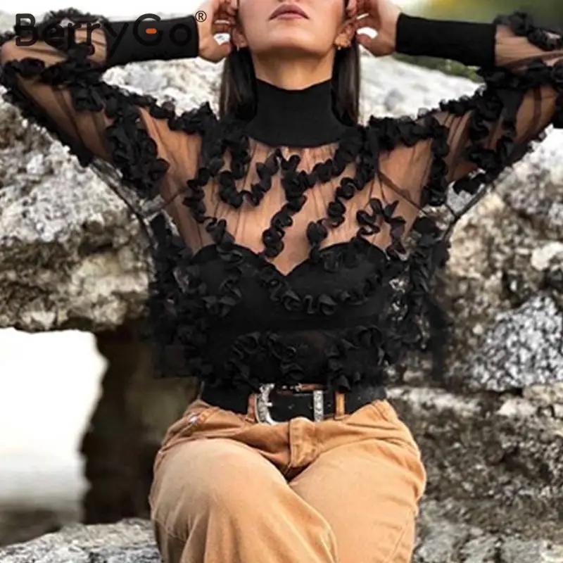 BerryGo Сексуальная кружевная блузка с прозрачной сеточкой женские модные вечерние