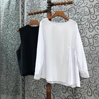 Spring Clothing 2021 Fashion Style Tops Women O-Neck Long Sleeve Asymmetrical Loose White TopsBelted Black Vest Jacket Sets 2pc