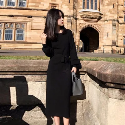 Autumn Winter O-Neck Sweaters dress Women Long Sleeve Knitted Loose Sweater Dress Female Elegant Sashes A-Line Dresses vestidos | Женская