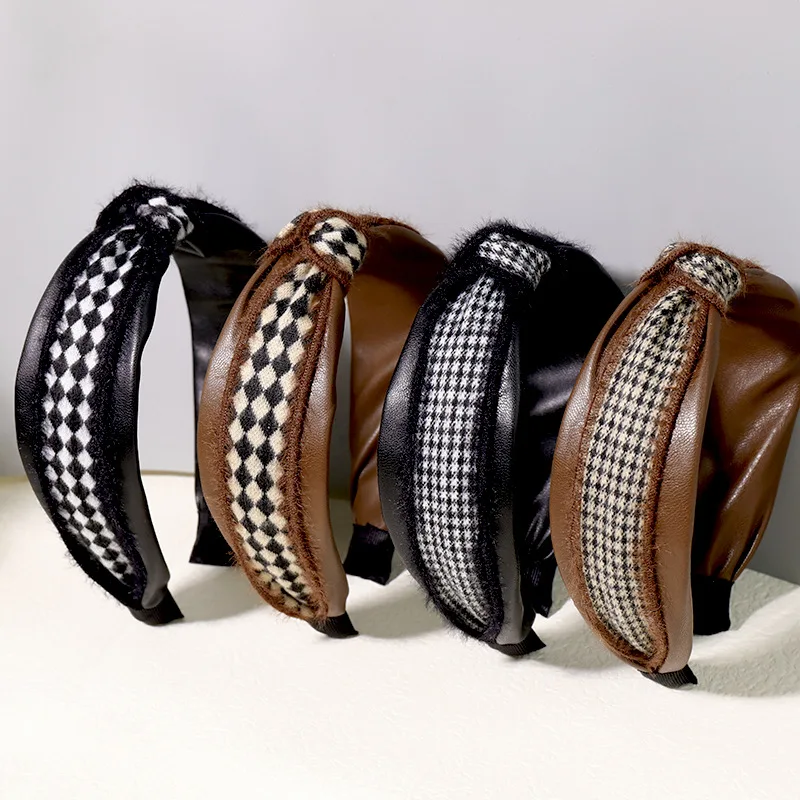 

Korean Women Retro PU Fabric Houndstooth Head Hoop Headwear Girl Twisted Knotted Headwrap Female Hair Hoop Hair Accessories