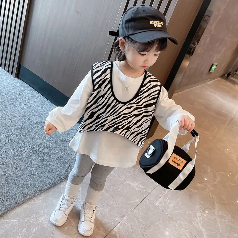 

2021 Girls Pure Cotton Long Sleeve Sweet Jacket Vest + Fashion Leggings Three-piece Set
