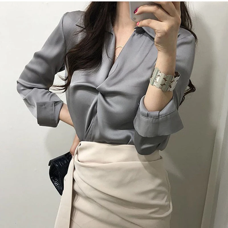 Осень 2019 модная женская Повседневная элегантная однотонная шифоновая блузка