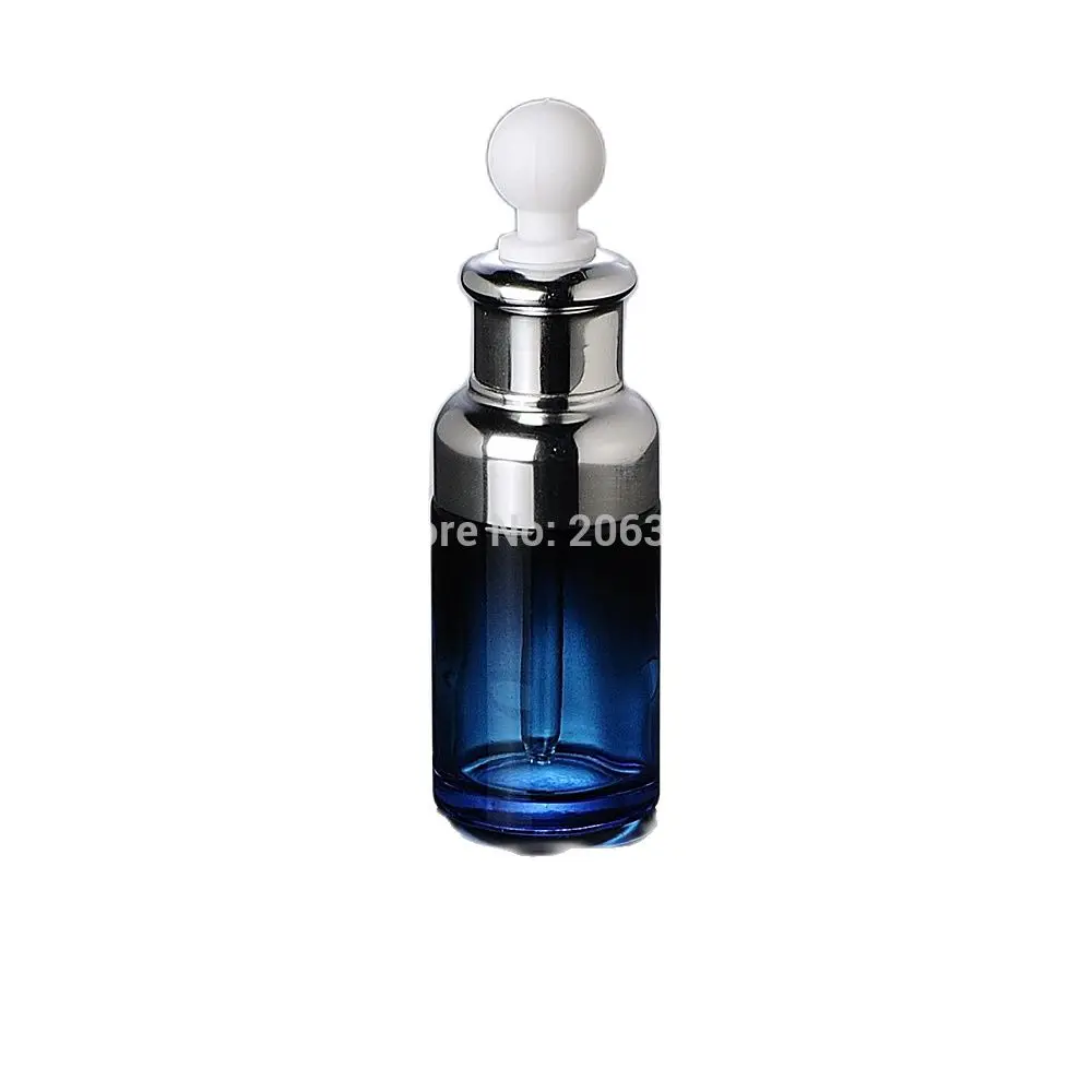 

NEW ARRIVAL 20ml blue glass dropper bottle with silver shoulder and silver collar ,white bulb glass bottle