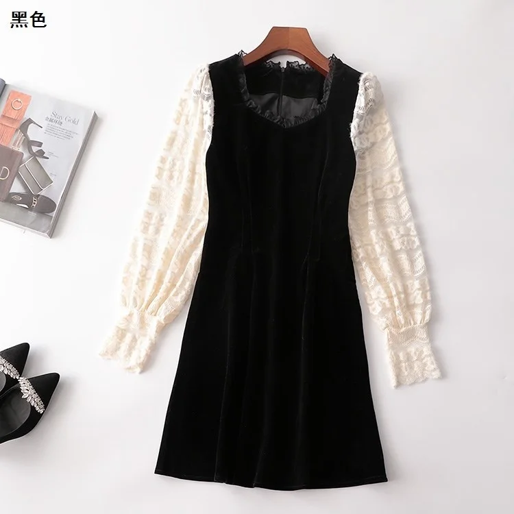 

228504 Dress Mingwei Women's Back Zipper Velvet Mid-Length Long Sleeve Square-Neck Jum