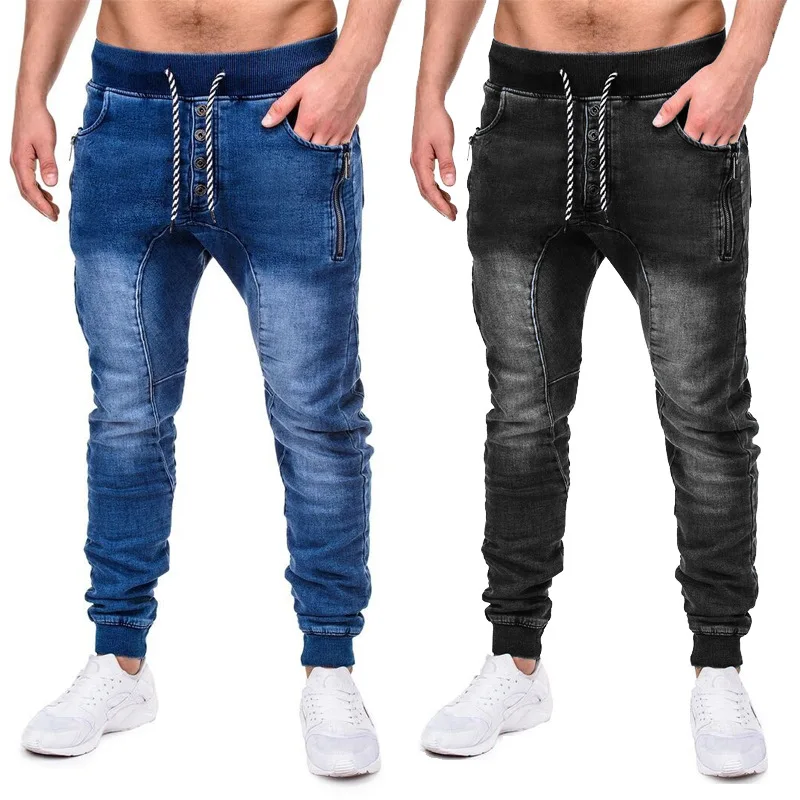 

Explosive Style European and American Men's Casual Sports Pants with Denim Trousers Blue Black Jeans Kpop Clothes Men's Pants