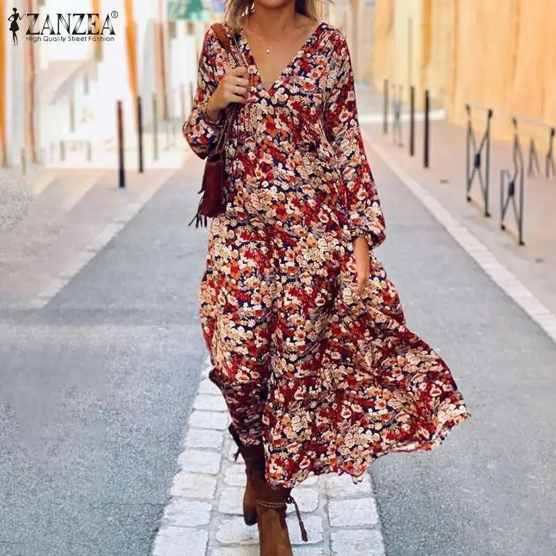 

Винтажное платье-макси с цветочным принтом, Женский Осенний сарафан 2022 ZANZEA, Повседневное платье с длинным рукавом и принтом, женское мешков...