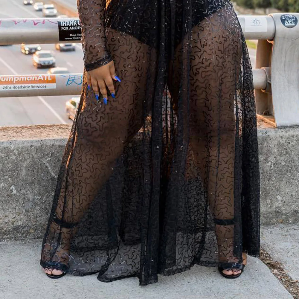 

5XL Sexy Mesh Transparent Oversize Dress Women Club Party Long Dresses Maxi Vestido Black Plus Size African Fashion Robe A Line