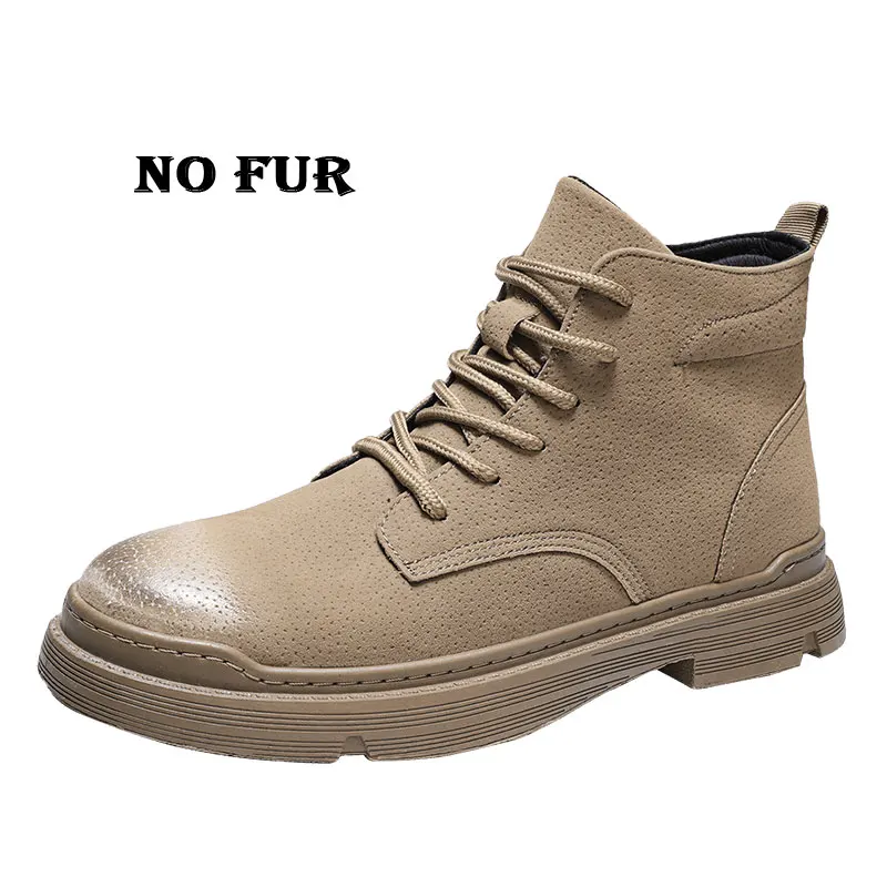 Настоящие новые Брендовые мужские ботинки; Martens; теплая зимняя обувь; мужские мотоциклетные ботильоны; doc martins; сезон осень-зима; мужские оксфорды - Цвет: KHAKI NO Fur
