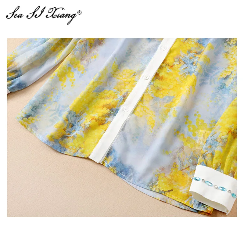 Seasixiang diseñador de moda de primavera de las mujeres de manga larga de blusas Tops de gasa + bolsillos pantalones cortos imprimir conjuntos de dos piezas