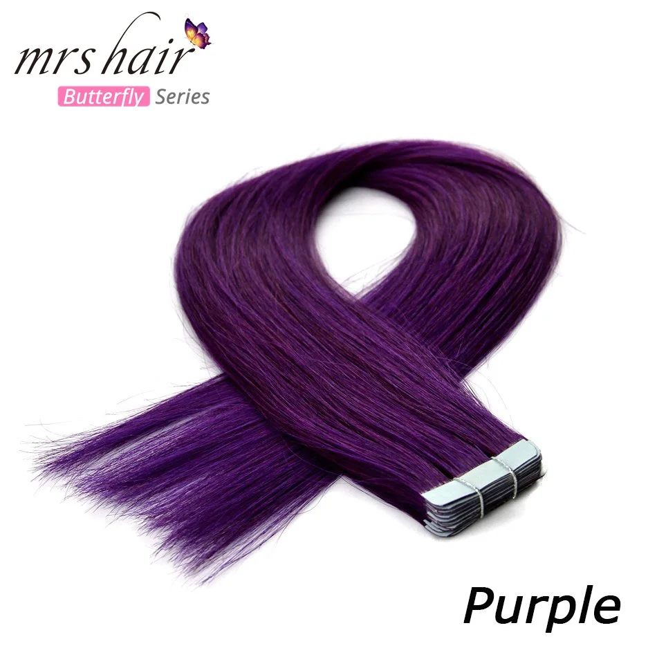 MRSHAIR, цветные человеческие волосы на Клейкой Ленте, двухсторонняя кожа, уток, ПУ волосы, не Реми, красные, фиолетовые, синие, розовые, серебряные - Цвет: Фиолетовый