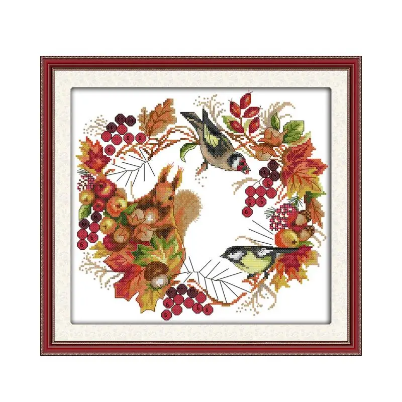 Joy wreath Cross Stitch cartoon animal bird autumn fruit DMC colour 11ct 14ct 18ct Set DIY Cotton Kit Embroidery Needlework