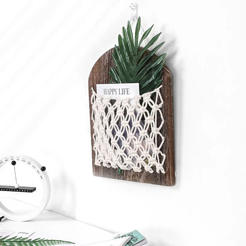 

Wooden Wall-Mounted Storage Rack Multifunctional Woven Hanging Pockets for Home Living Room Bedroom Ship