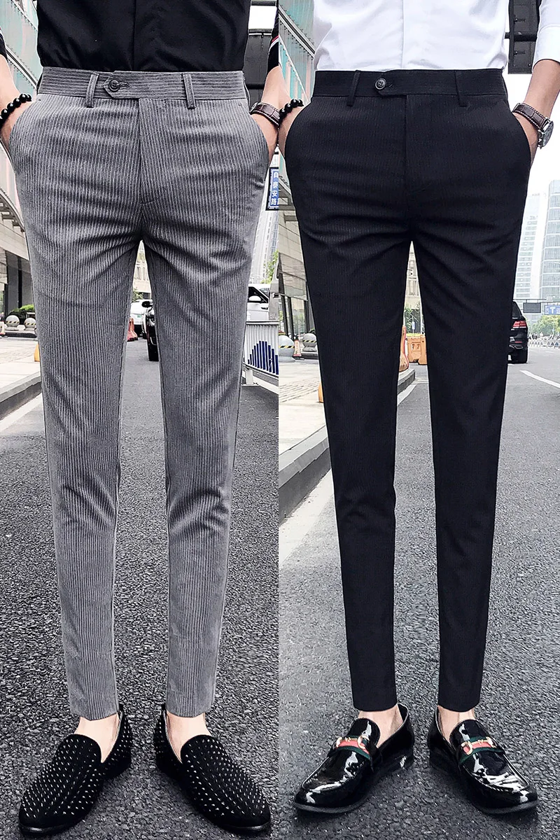 

Korean Slim Fit Men Dress Pants Fashion Vertical Stripes Men Suit Pants Streetwear Ankle Length Office Trousers Men Formal 36-28