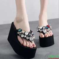 new rhinestone super high heels clip toe women flip flops 6 cm 8 cm 11 cm platform wedge heel crystal beach slippers 20181225