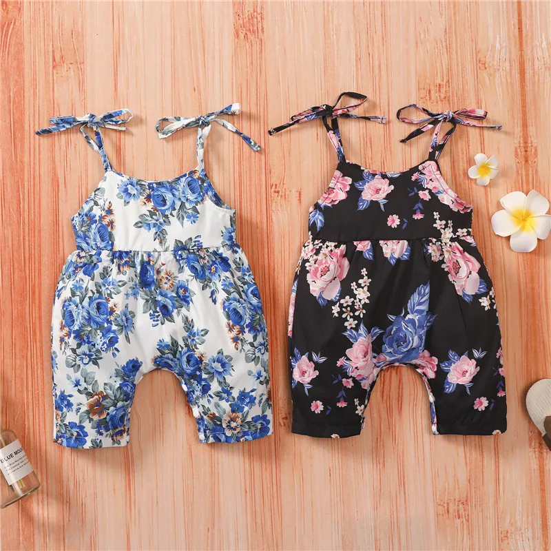 

Baby Floral Print Short Romper, Girls Sleeveless Sling Jumpsuit for Summer Baby Girls New Casual Romper