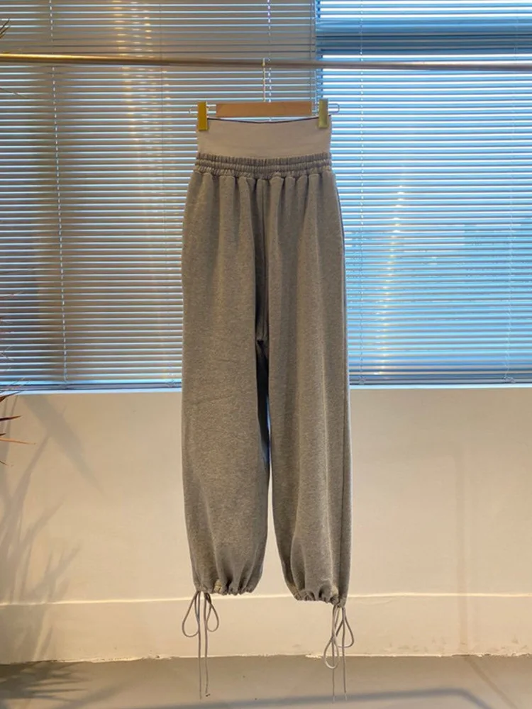 AAW160 Solid Grey Black Women Sport Pants Design Splicing Waist Letter Logo High Waist Casual Loose Lace Up Leg Pants A2