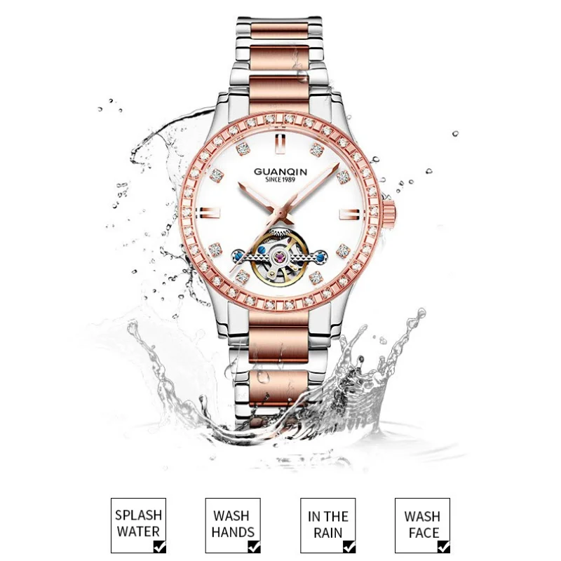 

GUANQIN Fashion Watch Brand New Pure Simple Waterproof Atmospheric Diamond Subdial Women's Watches Pointer Mechanical Wristwatch