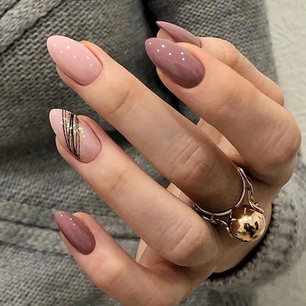 

24pcs False Press On Nails Pink Color Oval Head Mid-length Wear Finished Product Wearable Full Cover Nail Tips For Girls