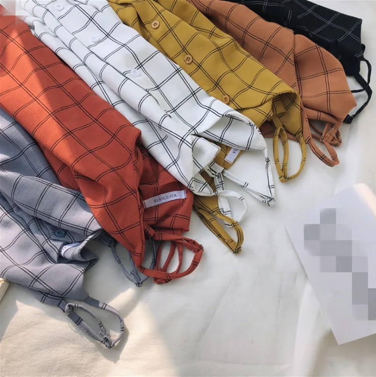 

Women's summer Chiffon camisole loose sleeveless t-shirt girl's bottoming plaid printed top