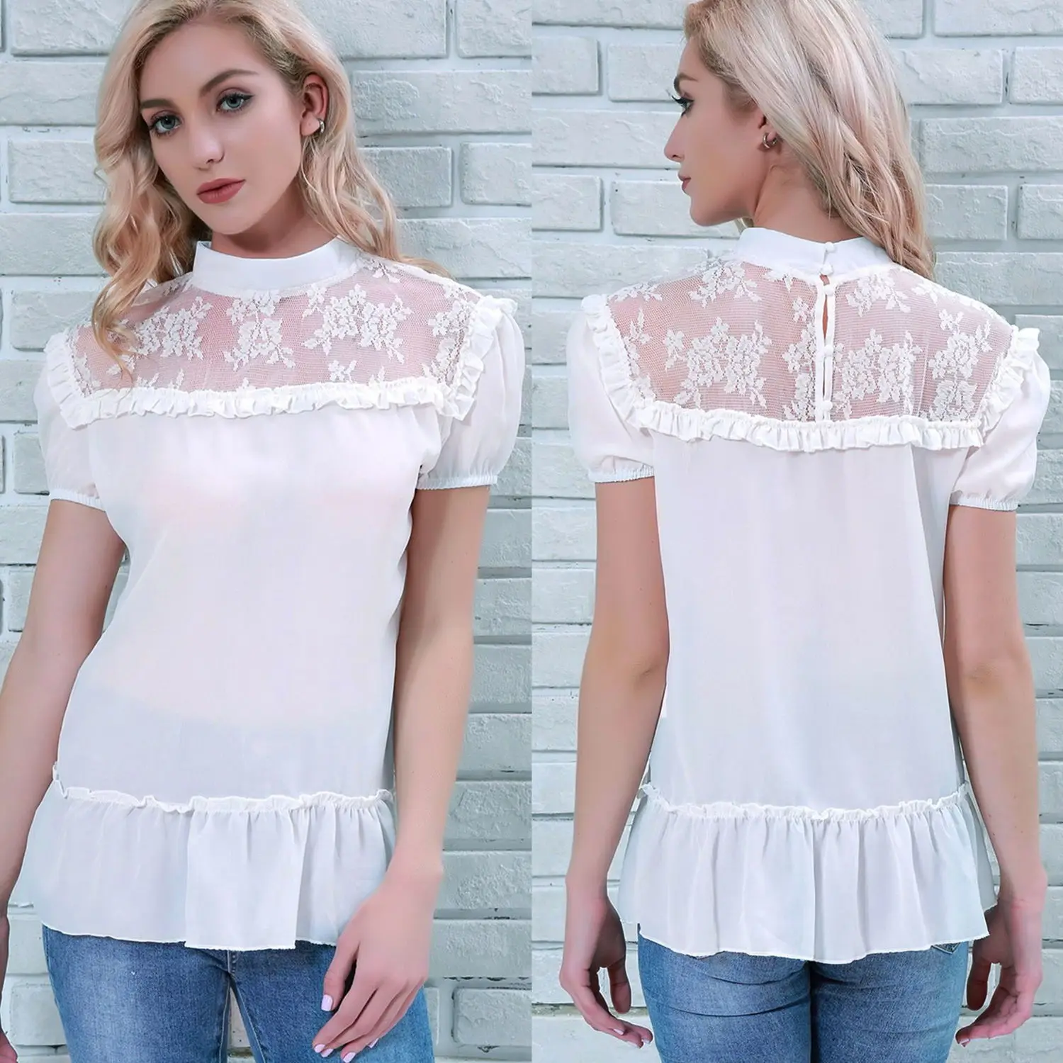 

Lace Shirt Women'S Solid Color Hollow Loose And Thin All-Match Ruffled Chiffon