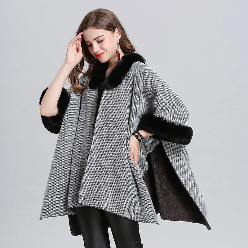 

2020 Women Warm Thick Short Batwing Sleeves Lining Velvet Capes Faux Fox Fur Collar Cardigan Winter Ladies Hairy Coat