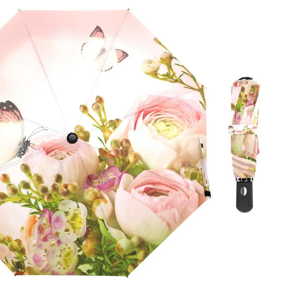 

Beautiful Pink Roses and Butterfly Umbrella Rain Women Gift Three Folding Umbrellas Windproof Automatic Portable Travel Umbrella