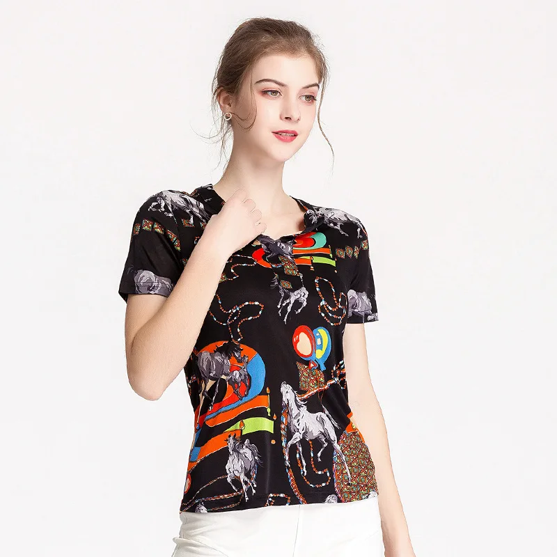 

80% Silk Top Women's Silk Knitting T-shirt Stand Collar Short Sleeve Large Fashion Print