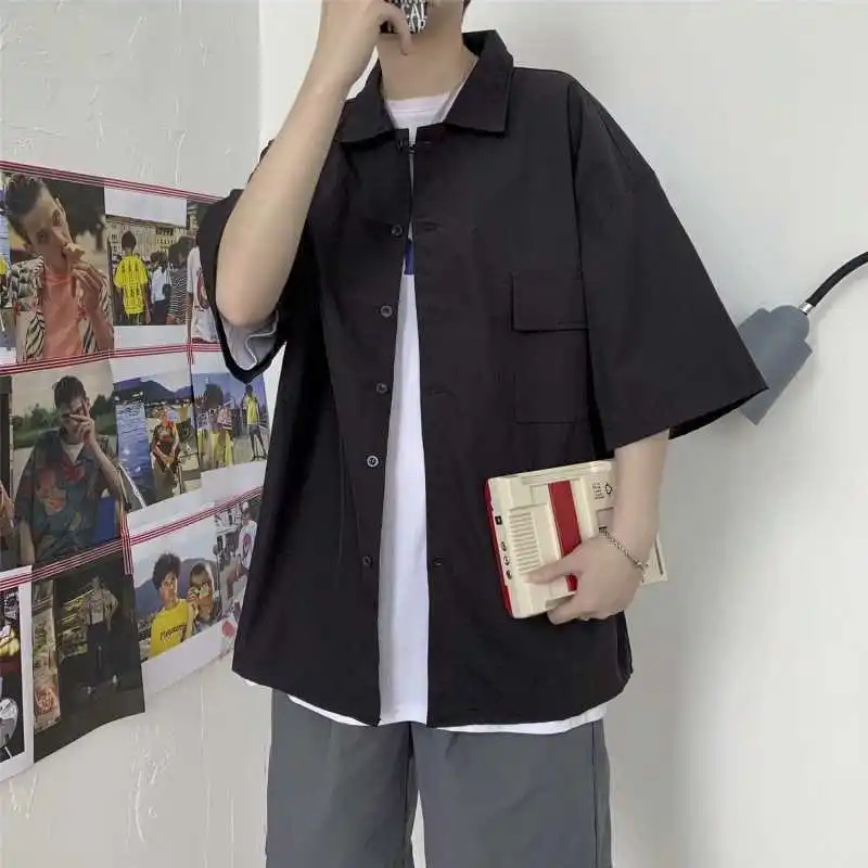 

5 / 5 Sleeve Black Oversized Shirt Men's Summer Short Sleeve Top Korean Clothes Loose and Versatile Shirt Streetwear Genuine