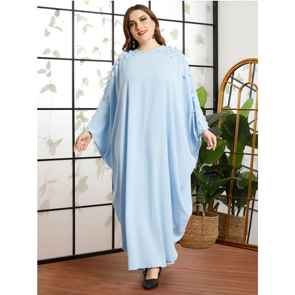 

Arab Jilbab Dubai Kaftan Muslim Women Long Dress Bat Sleeve Abaya Middle East Casual Loose Ramadan Islamic Clothing Flower New