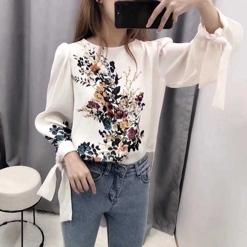 Новые осенние женские элегантные повседневные блузки с цветочным принтом