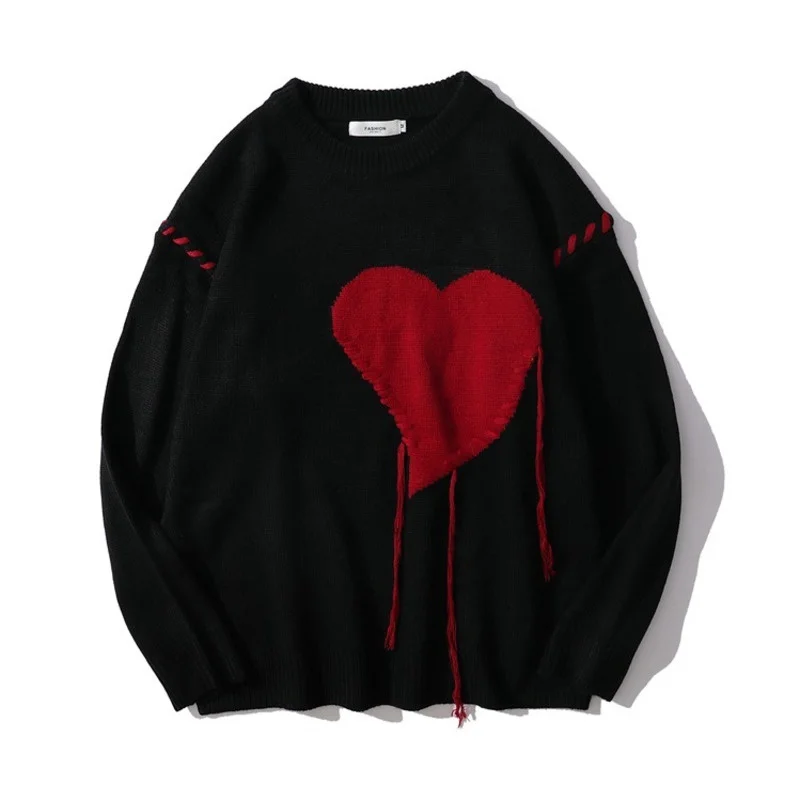 

Hip Hop Sweetheart Shape Embroidery Tassel Letter Crew Neck Mens Sweaters Knit Pullover Retro Japanese Streetwear Oversize Tops