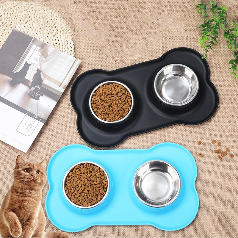 

Нескользящая двойная миска для собак с силиконовым ковриком, прочная миска из нержавеющей стали для кормления животных, миски для питья для...