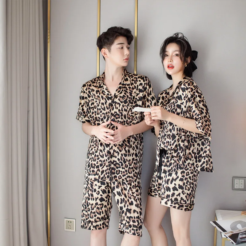

Couples Summer Leopard Print Pajamas for Men and Women Ice Silk Satin Short Sleeve Shorts 2-piece Set Plus Size Home Clothes