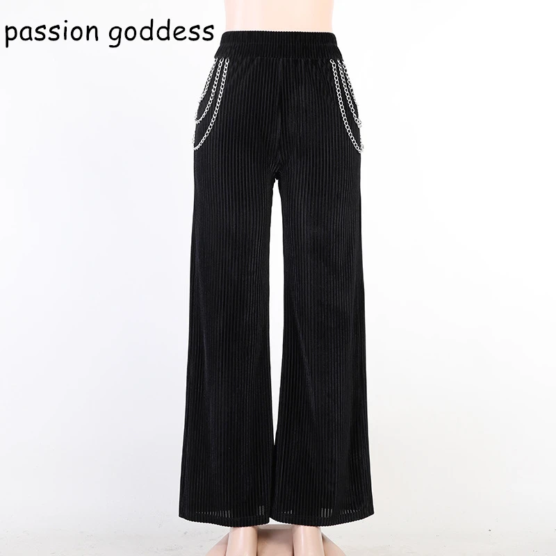 

New Women Black High Waist Side Hollow Out Chain Long Wide Leg Pants Dark Gothic Streetwear Women Loose Goth Punk Pants Trousers