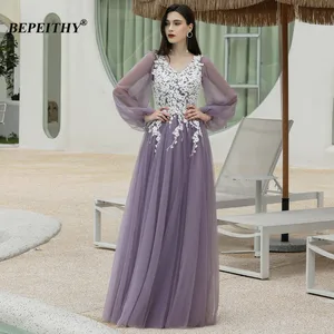 Женское вечернее платье BEPEITHY, фиолетовое вечернее платье из тюля с длинными рукавами и белым цветком, роскошное элегантное платье для выпускного вечера в Дубае, 2021