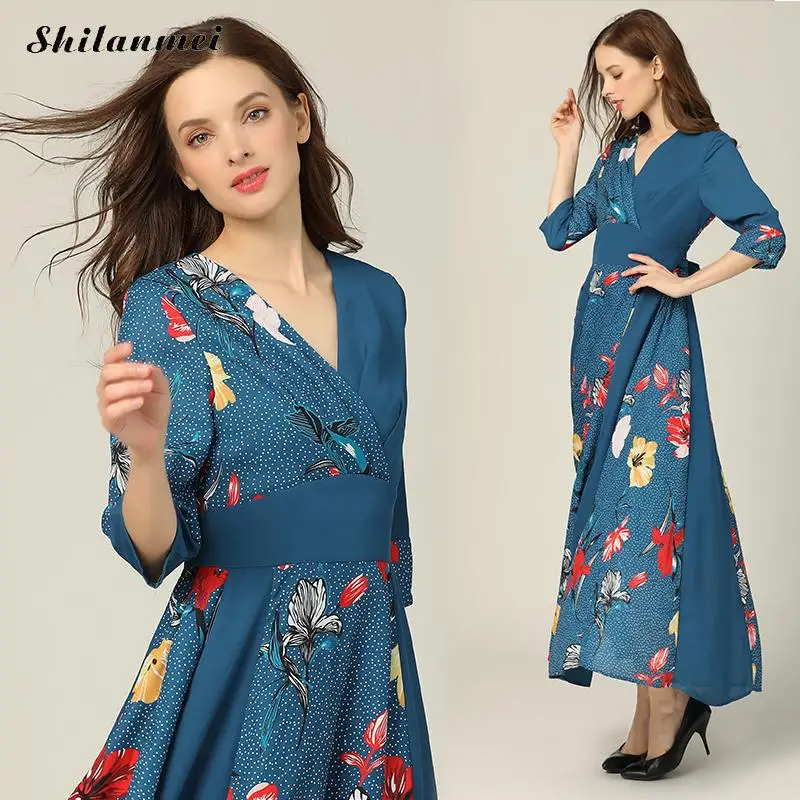 

England Style Blue Print Long Dress 2019 Autumn 3/4 Sleeve Back Bow Vintage A-Line Dress Women Elegant V Neck Slim Party Dresses
