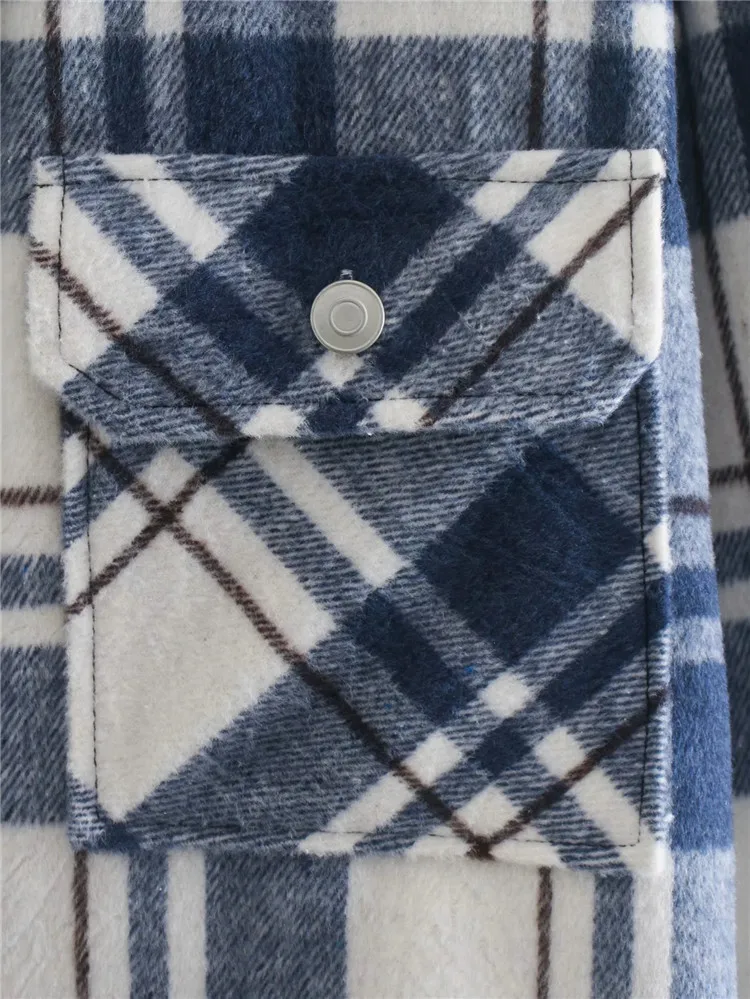 

2021 Spring and Autumn Retro Contrast Blue Plaid Shirt Wool Warm Jacket New Women's Casual Plaid Short Lapel Elegant Jacket Coat