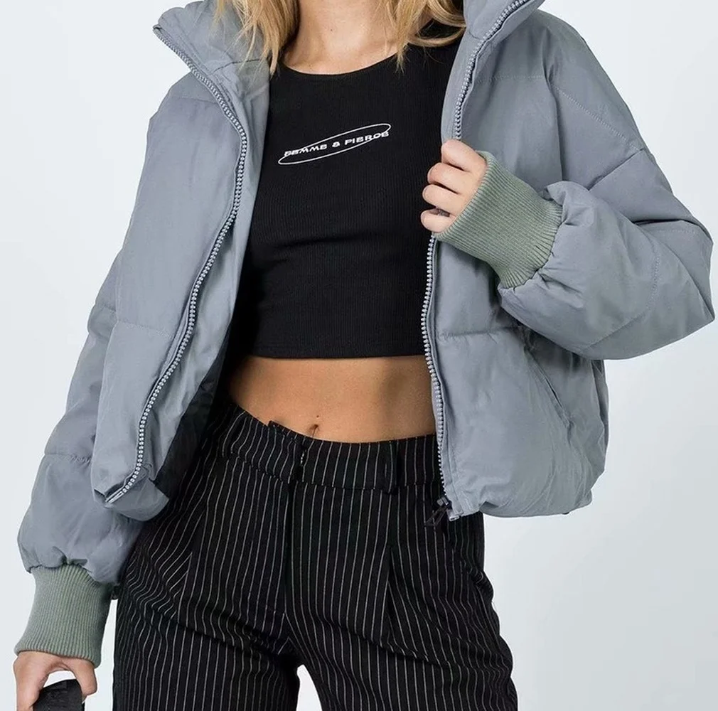 2021 Winter Women's Stand Collar Zipper Jacket Office Solid Pocket Cotton Short Coats Casual Long Sleeve Parka Female Outwear