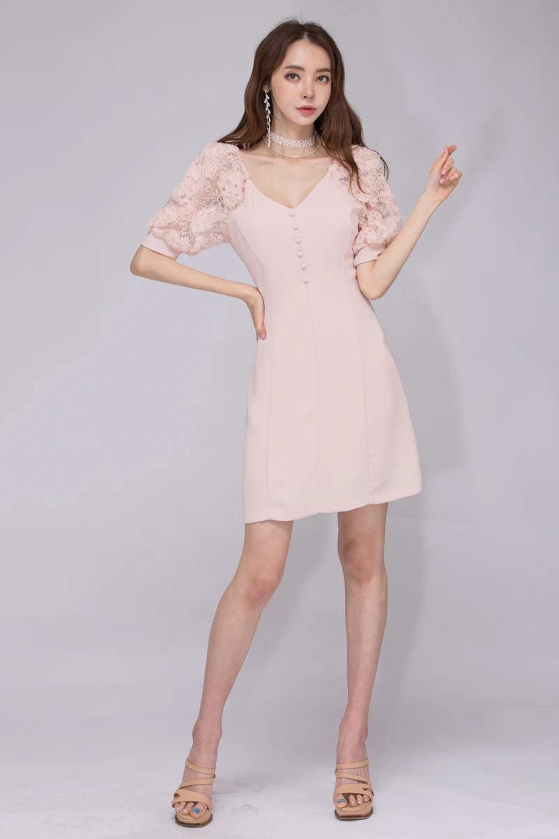 

2020 Summer Sweet Pink Short Dresses Sexy V-neck Flower Lace sleeve patchwork Bodycon Pencil Sheath Dress Office OL Vestidos