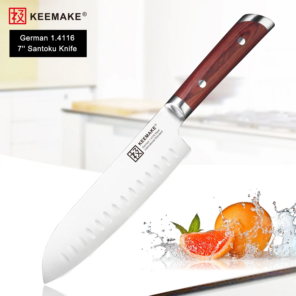 

KEEMAKE 7" Santoku Knife German 1.4116 Steel Blade Kitchen Knives Color Wood Handle +Rivets High Quality Meat Chef Cutter Knife