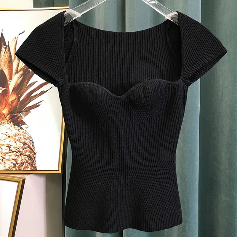 

Slim Tunic Blouse Women Square Collar Short Sleeve Female Casual Knitting Shirt Fashion Clothing Spring