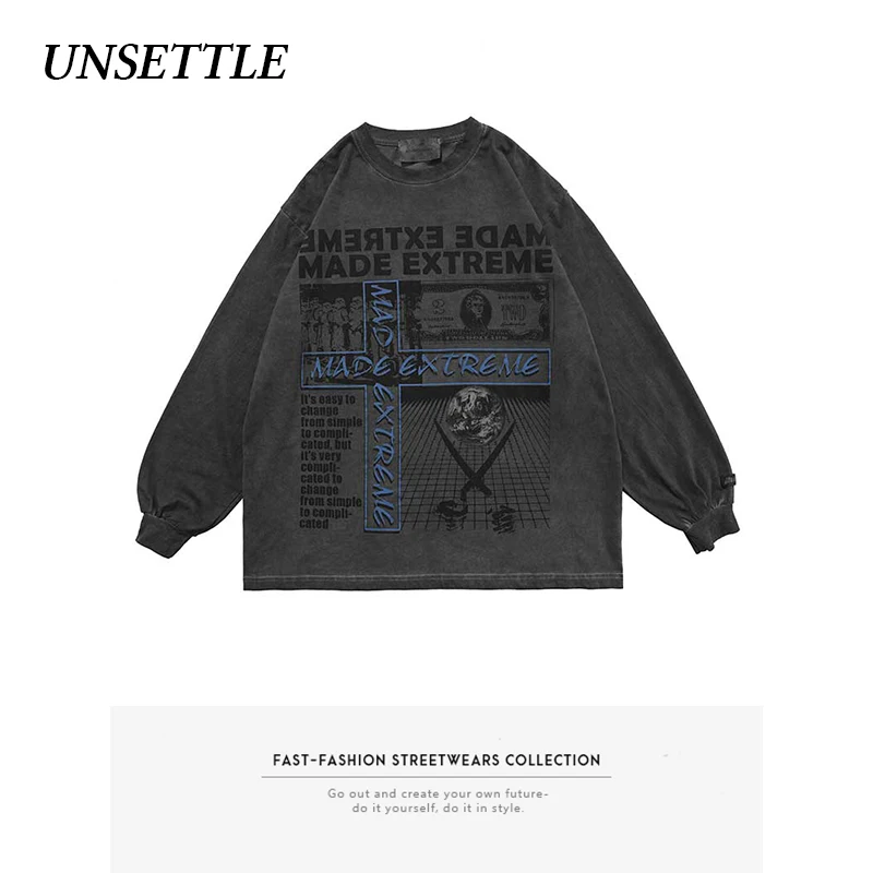 Осенняя Готическая футболка с длинным рукавом и графическим принтом Харадзюку