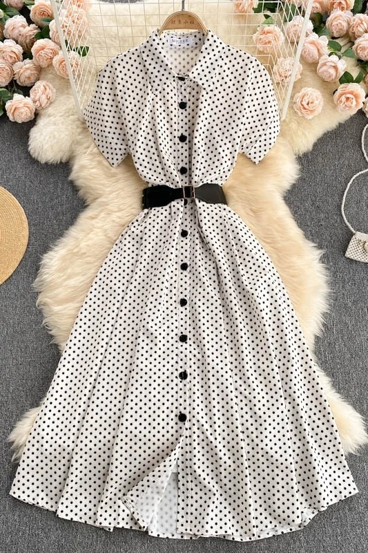 

Summer Desinger Clothes Vintage Elegant Office Style Dress Single Breasted Button Up Casual Dress With Belt Retro Dot Robe
