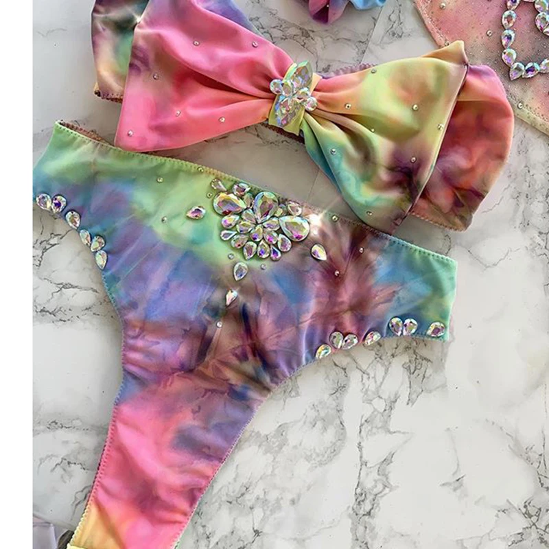 Bow Diamond Bandeau High Waist Bikini Female Swimsuit Women Swimwear Two-pieces Bikini set Bather Bathing Suit Swim Lady