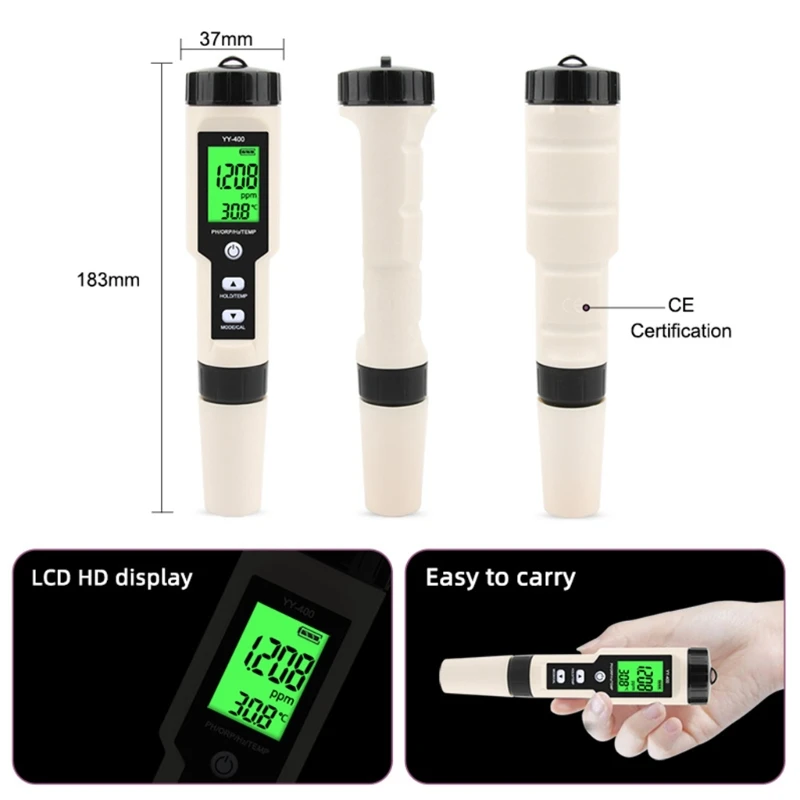 

G8DA Newest YY-400 4 in 1 PH/ORP/H2&TEM Meter Digital Dydrogen Ion Concentration Tester for Aquarium, Swimming Pool, Drinking
